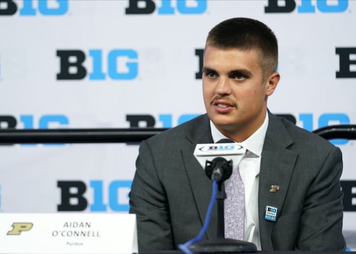 Purdue Boilermakers quarterback Aidan O'Connell talks to the media during Big 10 football media days at Lucas Oil Stadium. (Robert Goddin-USA TODAY Sports)